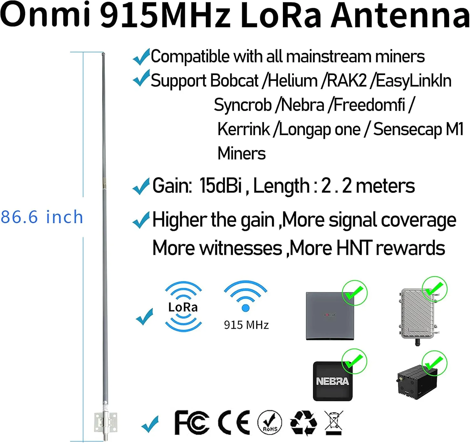 915MHz Lora Antenna Long Range 15dBi 86inch with 32.8foot SMA RG58 Cable for Helium Bobcat HNT Hotspot Lora IoT Bobcat RAK Miner Longfi LoRaWAN Blockchain