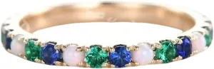 925 Sterling Silver Dainty 2mm Eternity Band with Opal, Emerald, and Sapphire Gems Stackable Ring Delicate Matching Wedding Jewelry Gift for Her
