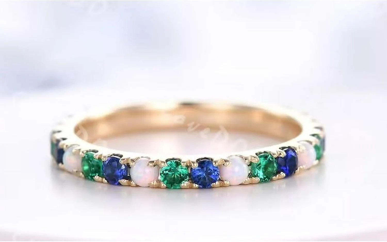 925 Sterling Silver Dainty 2mm Eternity Band with Opal, Emerald, and Sapphire Gems Stackable Ring Delicate Matching Wedding Jewelry Gift for Her