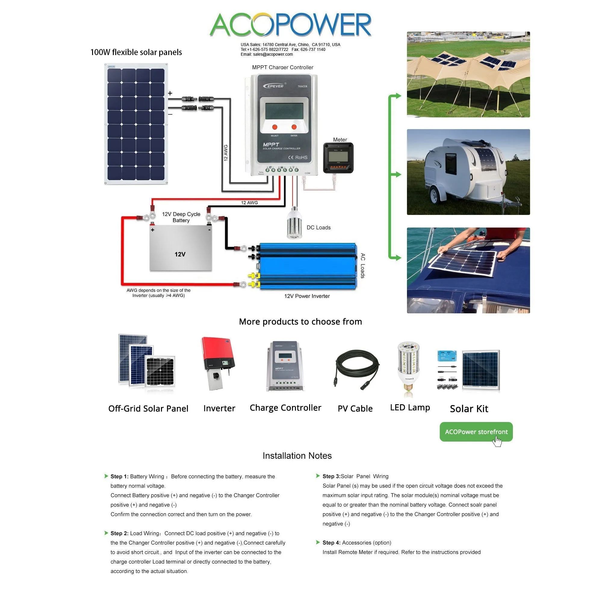 ACOPOWER 110W 12V Flexible Lightweight ETFE Solar Panel, With Connector