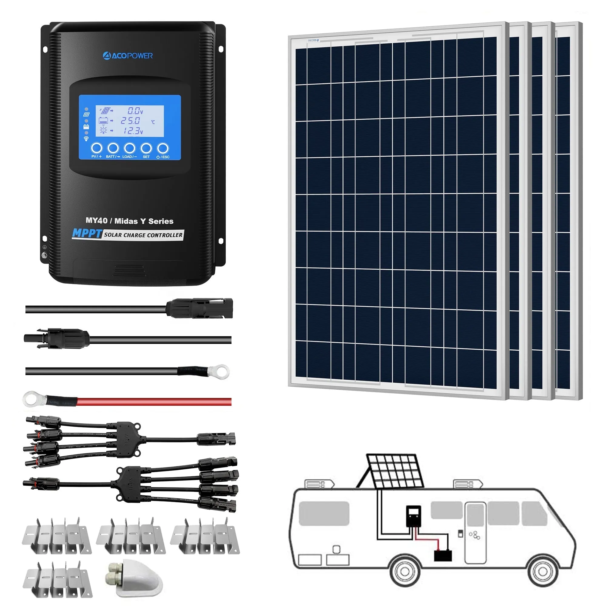 ACOPOWER 400W 12V  Poly Solar RV Kit w/ 40A MPPT Charge Controller