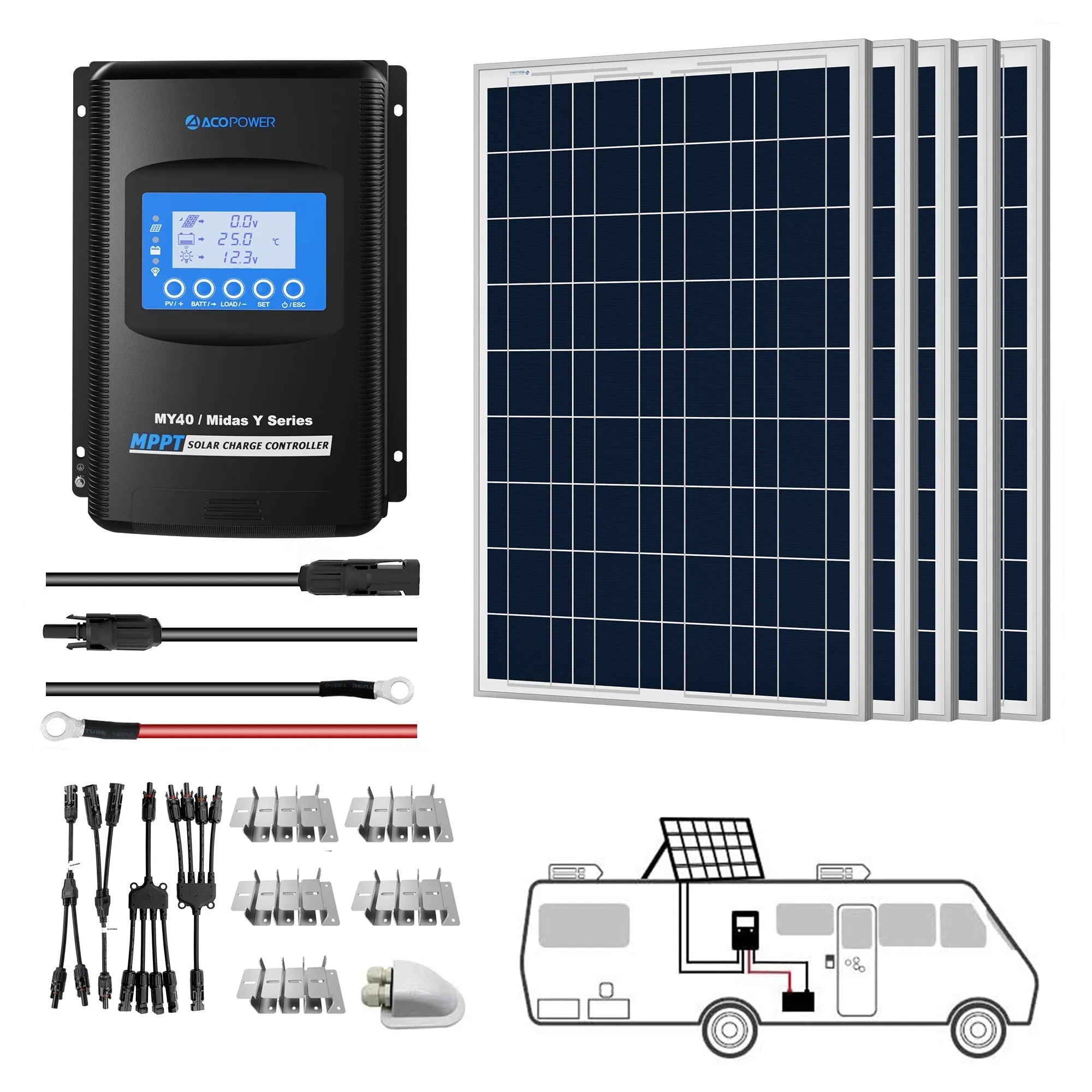 ACOPOWER 500W 12V Poly Solar RV Kit, With 40A MPPT Charge Controller