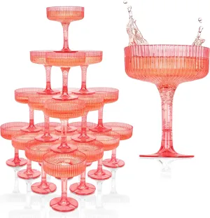 ACRYLIC Champagne Tower - 7oz. Set of 20 Pink Champagne Flutes - Vintage Art Deco Style for Birthdays & Parties - Hosting Essentials - Pink