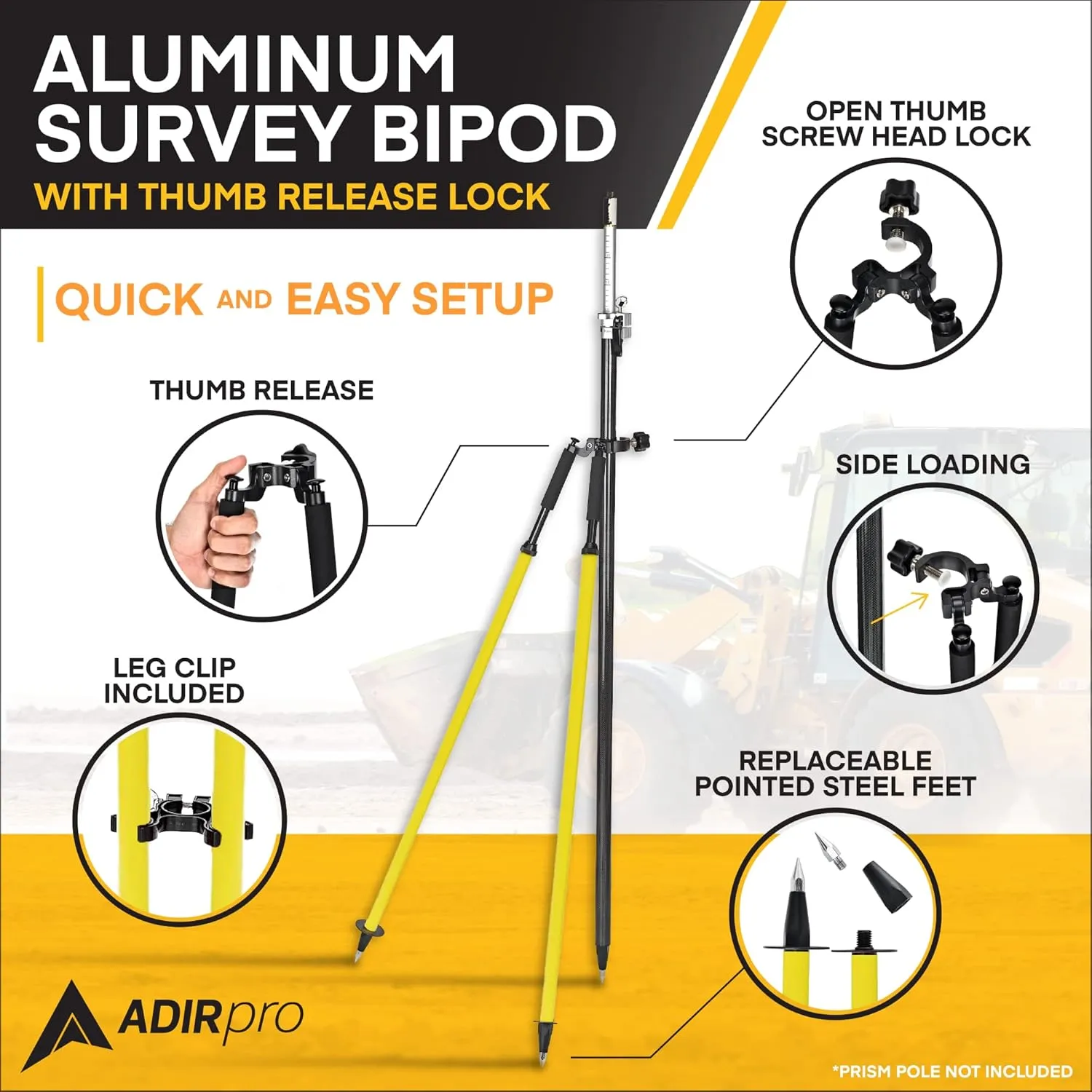 Adir Aluminum Bipod with Thumb Screw Head for GPS Rover Pole or Prism Pole of Total Station Surveying Equipment, Telescoping Prism Variation