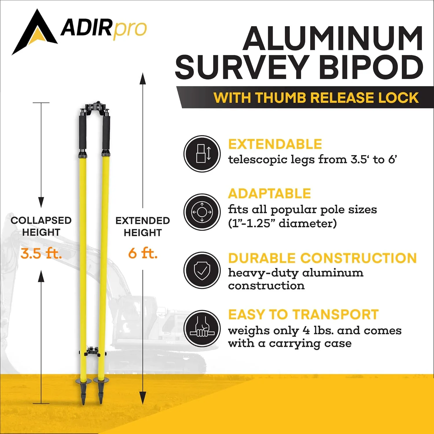 Adir Aluminum Bipod with Thumb Screw Head for GPS Rover Pole or Prism Pole of Total Station Surveying Equipment, Telescoping Prism Variation