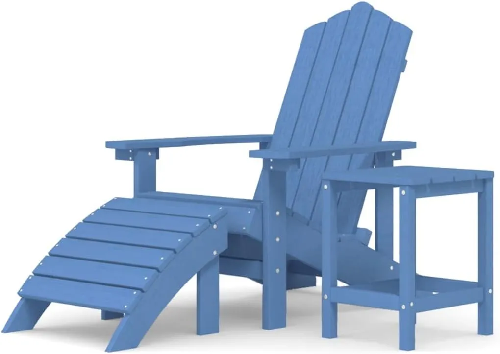 Adirondack Chair with Detachable Footstool & Side Table HDPE Aqua Blue Outdoor Patio Furniture Set for Poolside Beach Garden Relaxation