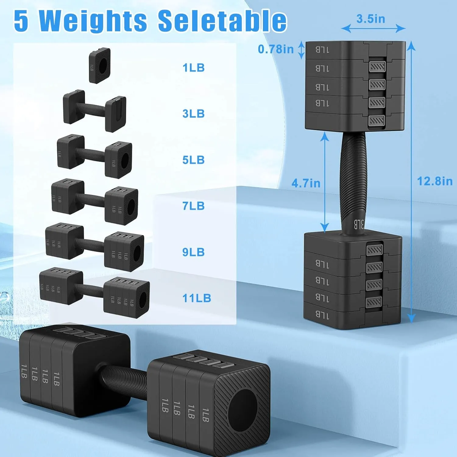 Adjustable Dumbbells Set of 2, 5-in-1 Adjustable Weight Dumbbells for Women/Men, 3lb/5lb/7lb/9lb/11lb Dumbbell Weights Set for Home Gym Workout