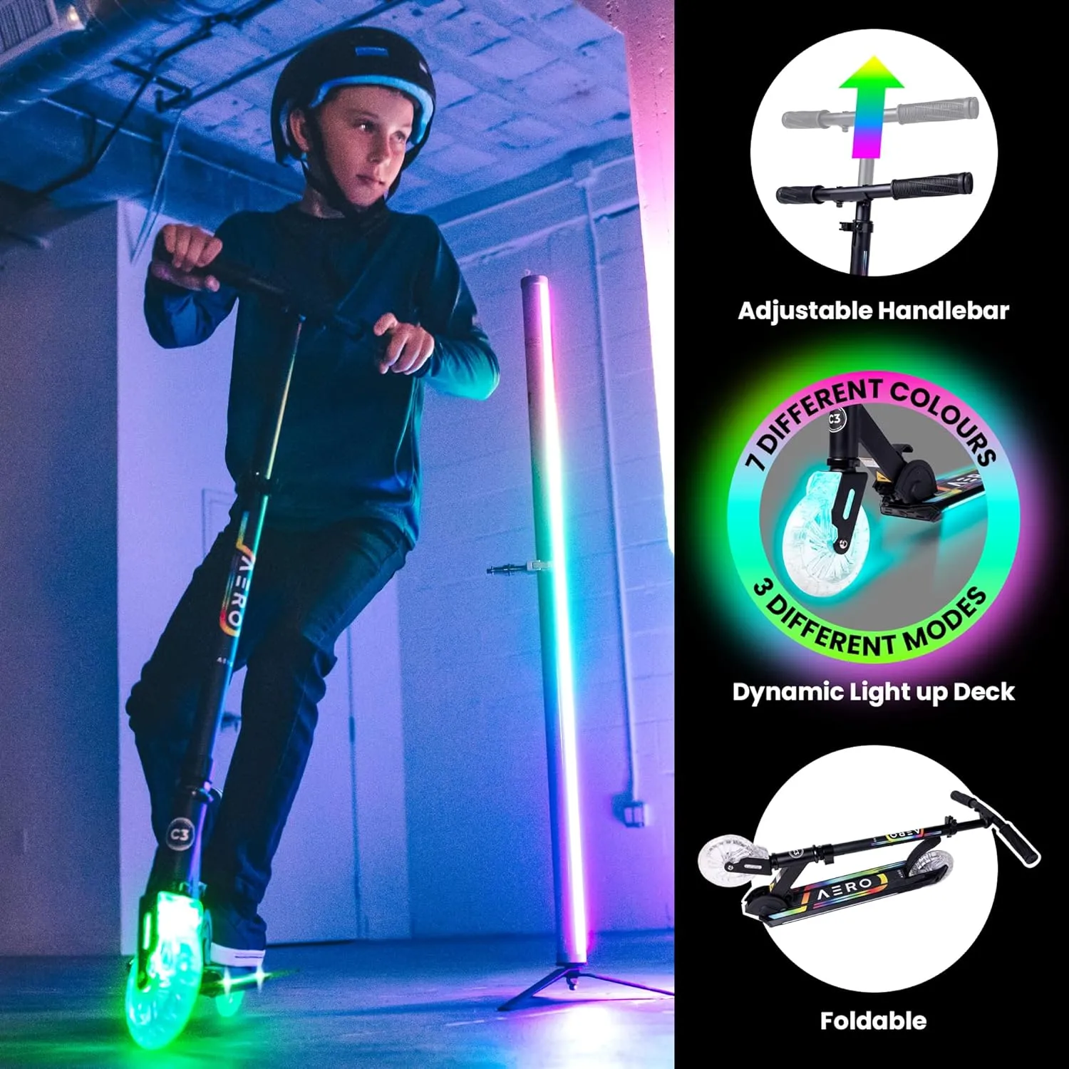 Aero 2 Wheel Kick Scooter for Kids Ages 5-7 or 5-8 or 6-10 or 6-12 with Dynamic Lights, Scooters for Boys and Girls 6 Years and Up with Light up Wheels and Deck