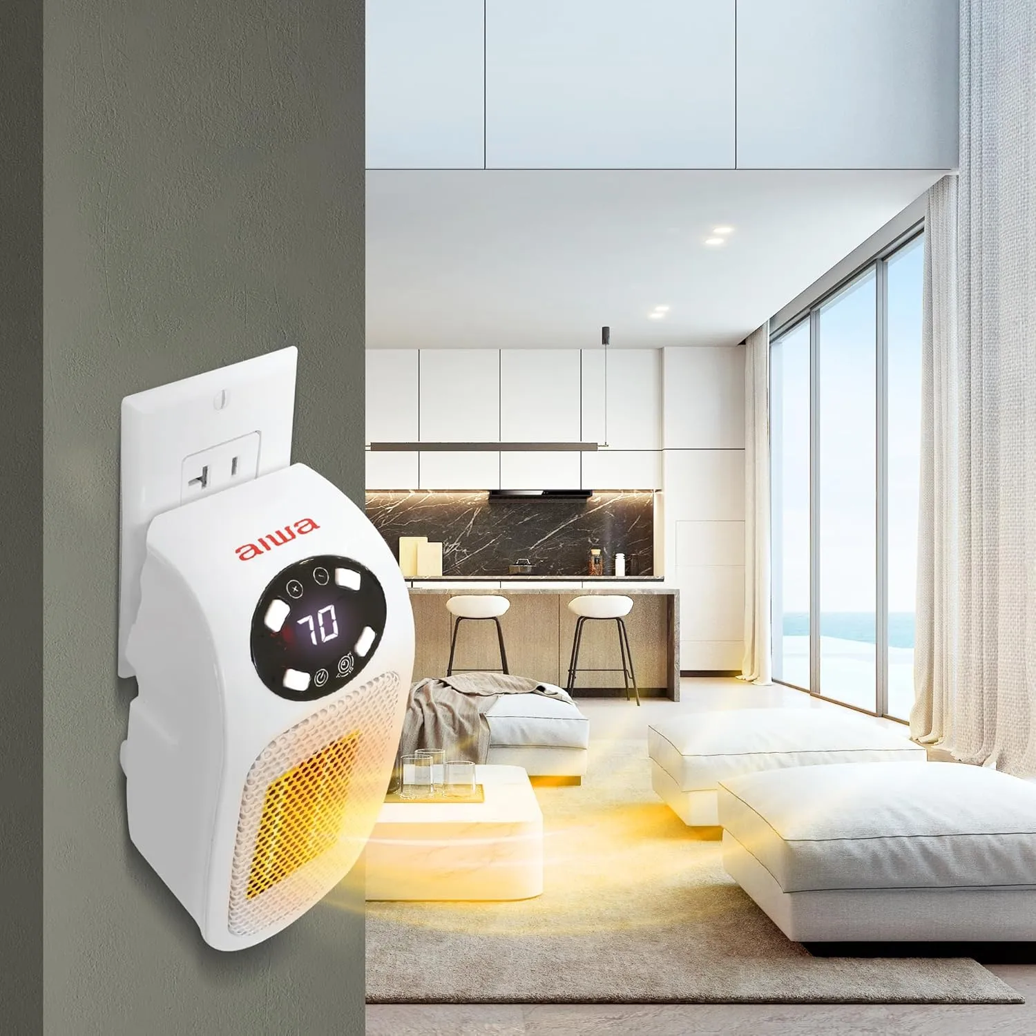 Aiwa Electric Outlet Ceramic Plug-In Space Heater with LCD Digital Screen, Adjustable Thermostat, 24 Hour Timer, Overheat Protection, up to 90°F, 400 W, 180° Degree Rotation, ETL Certified (White)