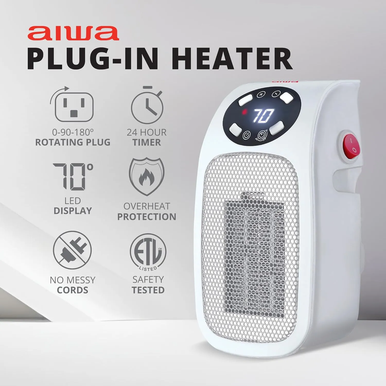 Aiwa Electric Outlet Ceramic Plug-In Space Heater with LCD Digital Screen, Adjustable Thermostat, 24 Hour Timer, Overheat Protection, up to 90°F, 400 W, 180° Degree Rotation, ETL Certified (White)