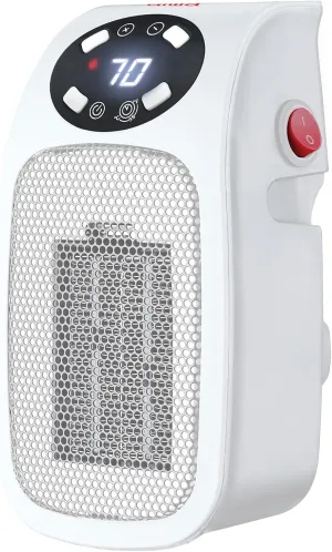 Aiwa Electric Outlet Ceramic Plug-In Space Heater with LCD Digital Screen, Adjustable Thermostat, 24 Hour Timer, Overheat Protection, up to 90°F, 400 W, 180° Degree Rotation, ETL Certified (White)
