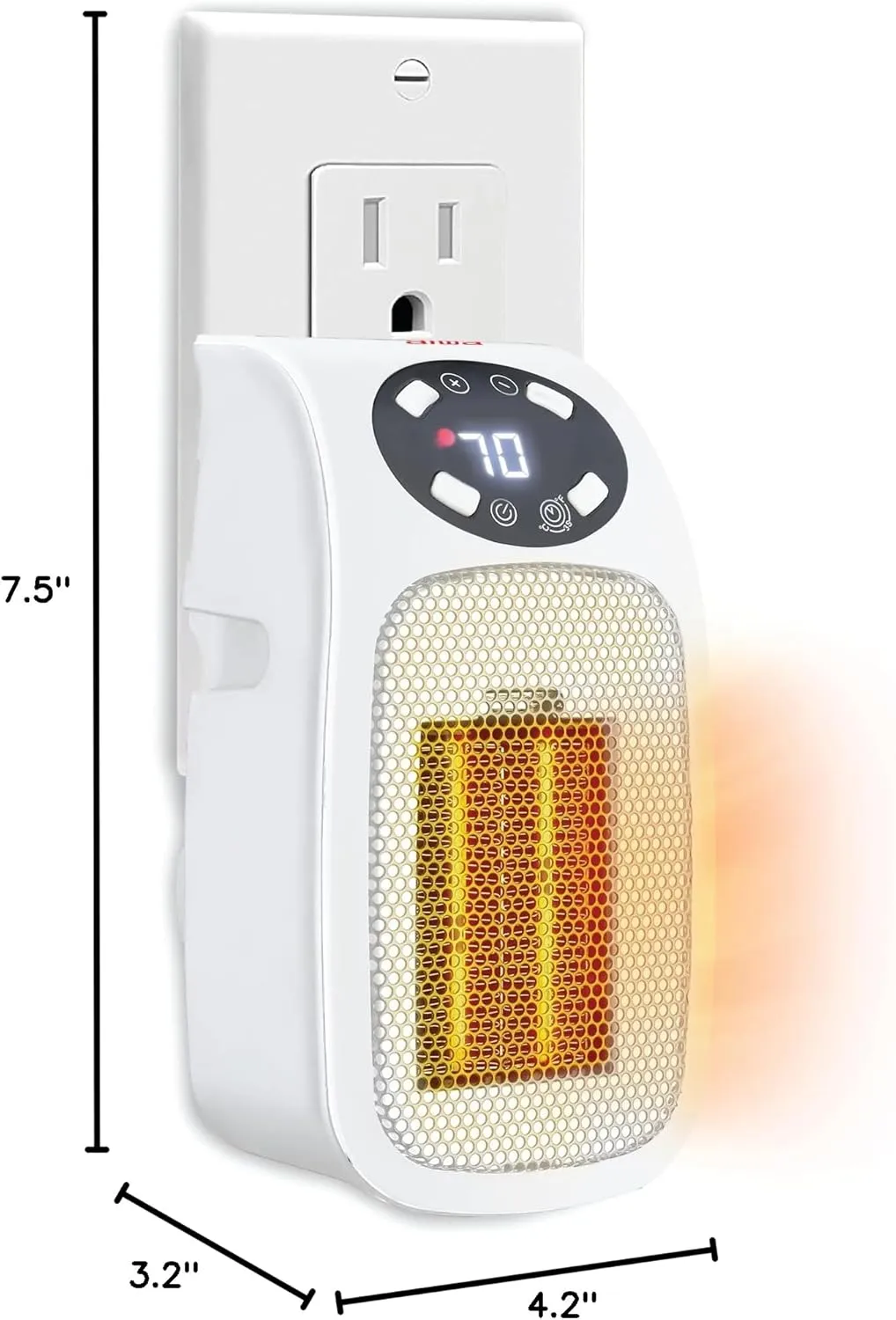 Aiwa Electric Outlet Ceramic Plug-In Space Heater with LCD Digital Screen, Adjustable Thermostat, 24 Hour Timer, Overheat Protection, up to 90°F, 400 W, 180° Degree Rotation, ETL Certified (White)