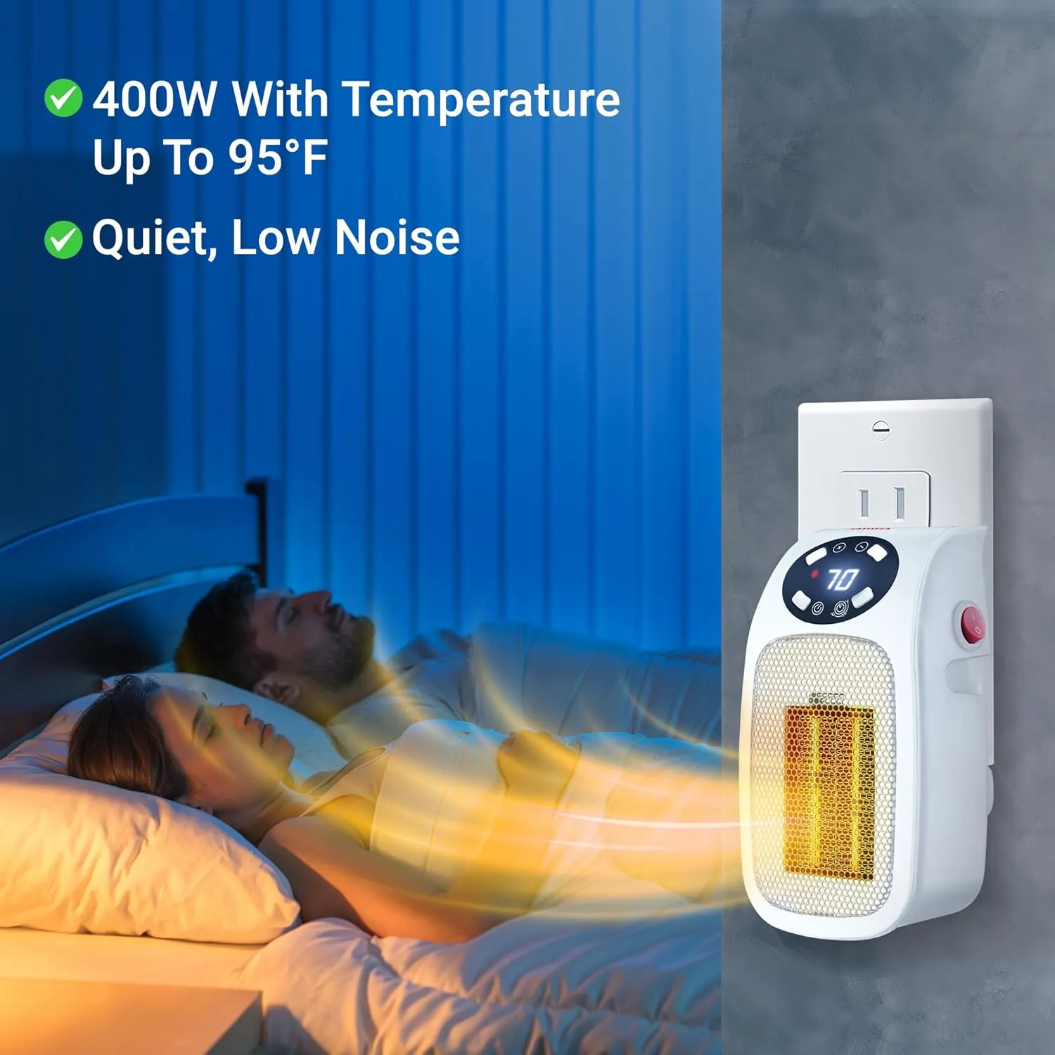 Aiwa Electric Outlet Ceramic Plug-In Space Heater with LCD Digital Screen, Adjustable Thermostat, 24 Hour Timer, Overheat Protection, up to 90°F, 400 W, 180° Degree Rotation, ETL Certified (White)