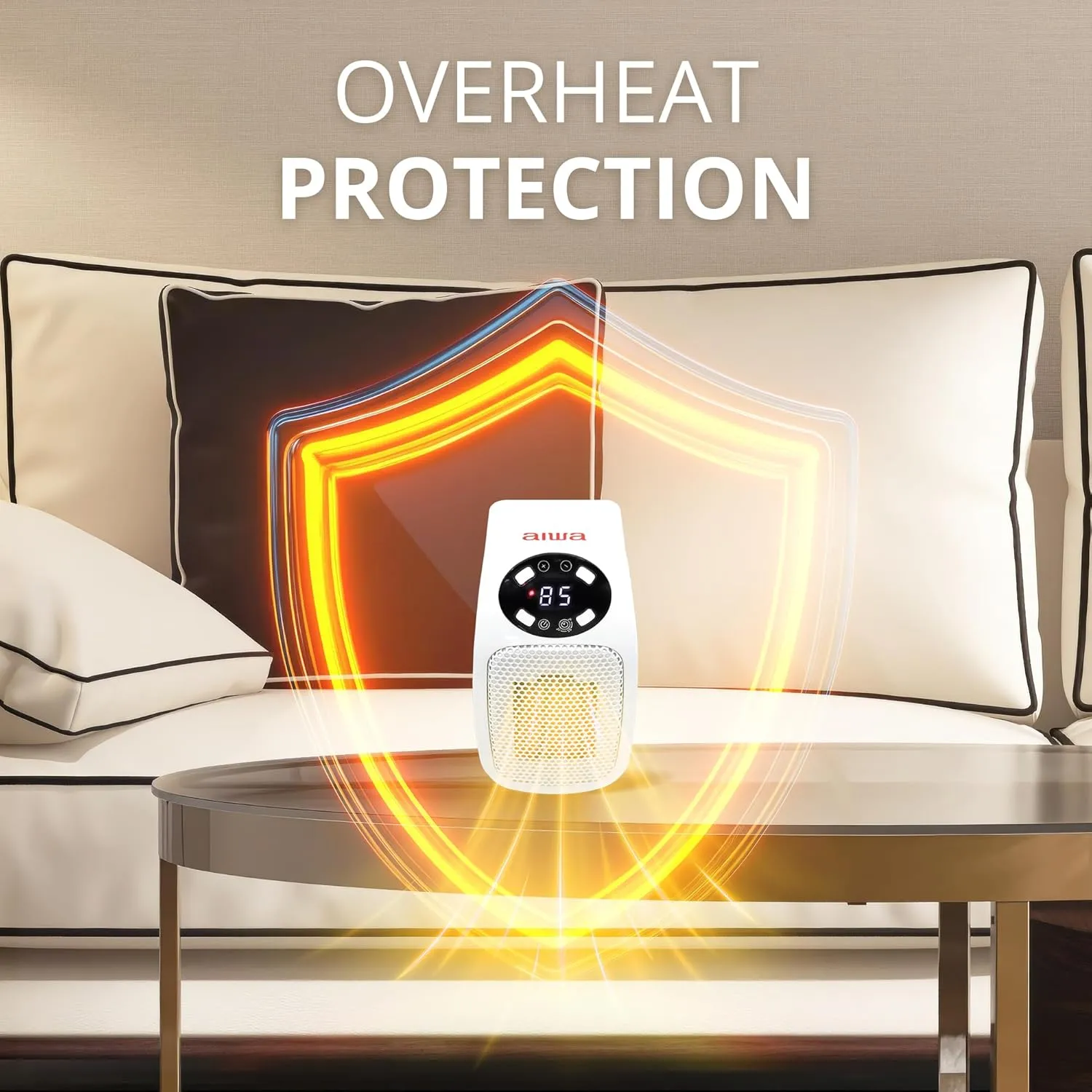 Aiwa Electric Outlet Ceramic Plug-In Space Heater with LCD Digital Screen, Adjustable Thermostat, 24 Hour Timer, Overheat Protection, up to 90°F, 400 W, 180° Degree Rotation, ETL Certified (White)