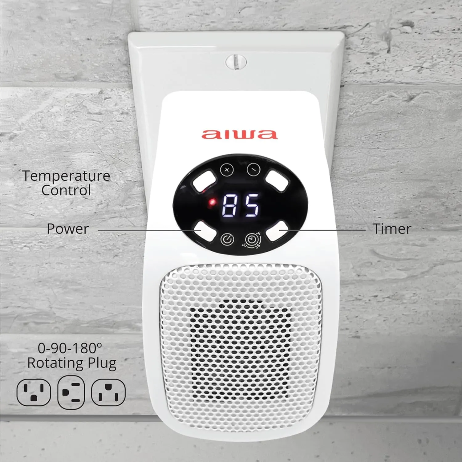 Aiwa Electric Outlet Ceramic Plug-In Space Heater with LCD Digital Screen, Adjustable Thermostat, 24 Hour Timer, Overheat Protection, up to 90°F, 400 W, 180° Degree Rotation, ETL Certified (White)