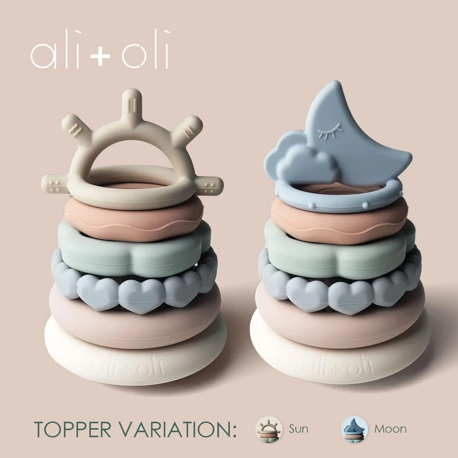 Ali Oli Stacking Rings Baby Toy (Moon) - Infant Toys, Stacking & Building Toys, Toddler Learning Toys, Montessori Toys for Baby, Food-Grade Silicone Toys for Babies