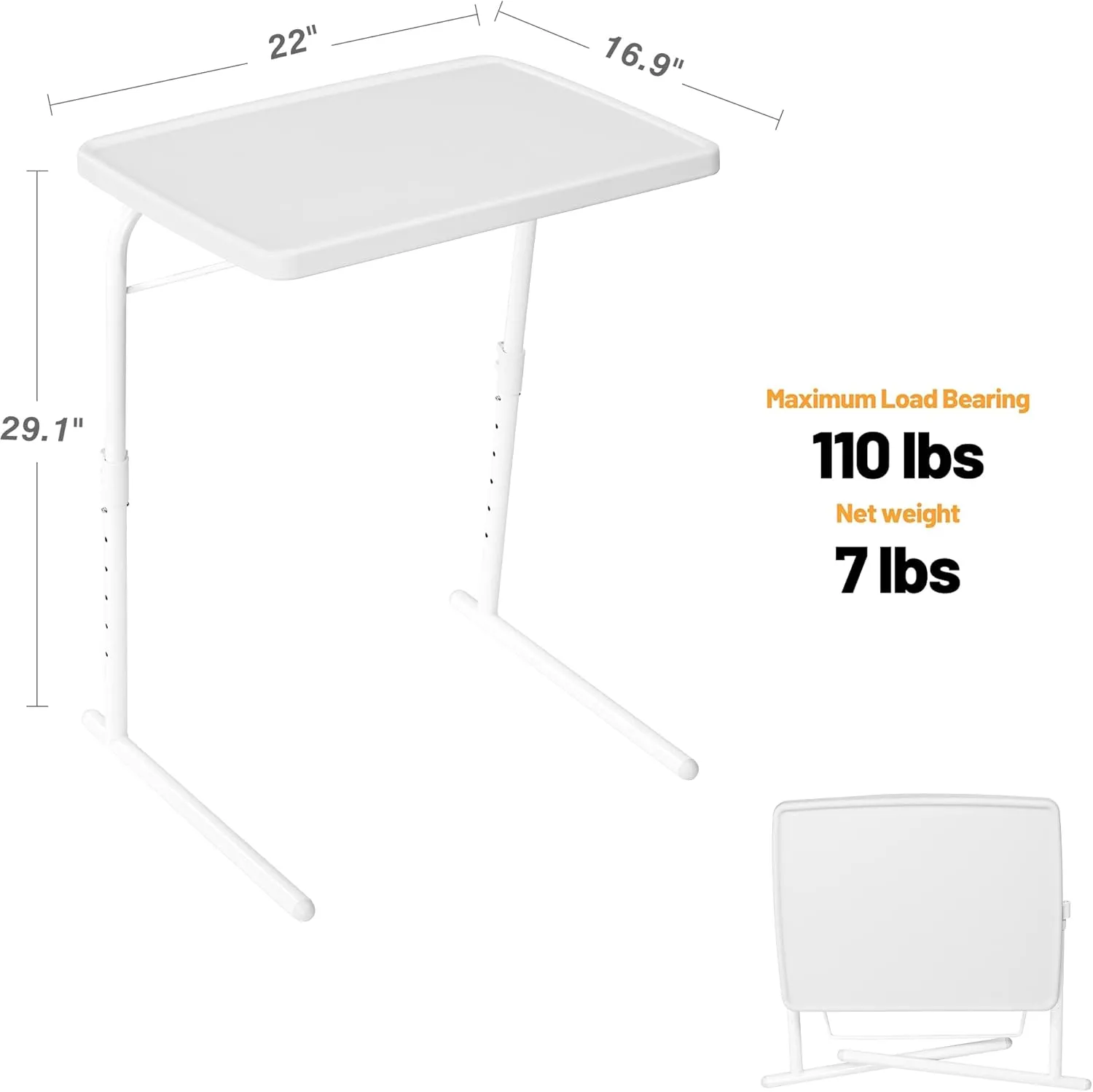 Allpop Max TV Tray Table, Large TV Dinner Tray for Eating, Adjustable Tray Stand on Couch & Bed, Folding Laptop Table with 6 Heights & 3 Tilt Angles, White