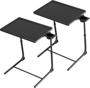 Allpop TV Tray Table, TV Dinner Tray for Eating 2 Pack, Adjustable Folding Laptop Table with 6 Heights & 3 Tilt Angles, Cup Holder on Couch & Bed, Black