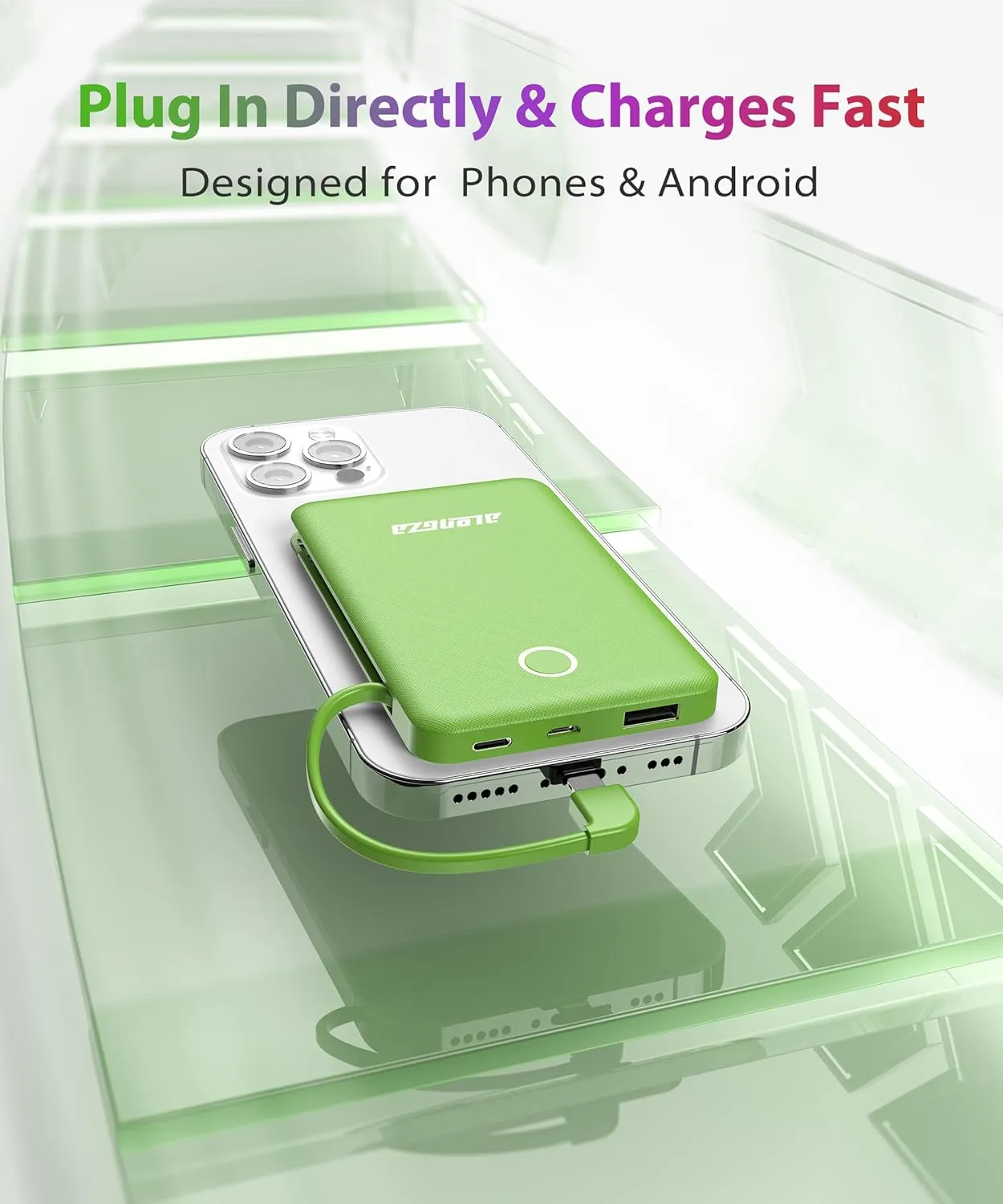 Alongza 6000mAh Small Portable Phone Charger with Built in Cable Lightweight Power Bank USB C Fast Charging External Battery Pack Slim Backup Charger Compatible with Phones, Android