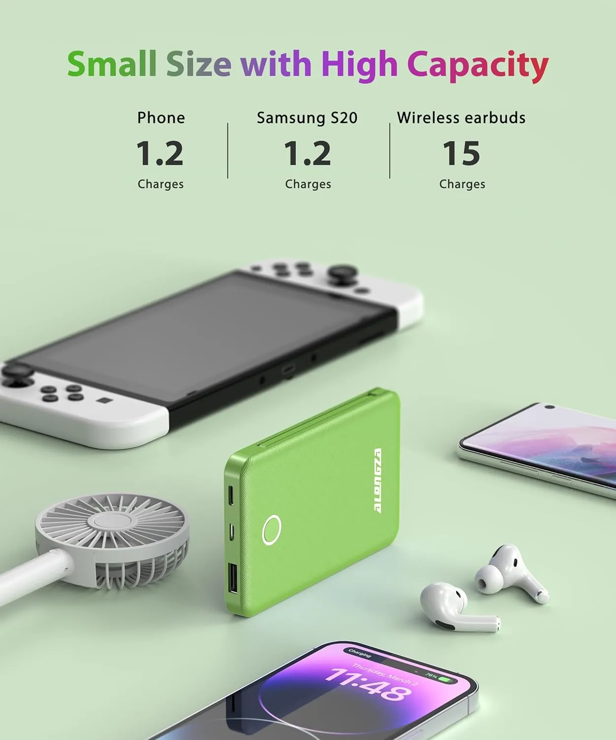 Alongza 6000mAh Small Portable Phone Charger with Built in Cable Lightweight Power Bank USB C Fast Charging External Battery Pack Slim Backup Charger Compatible with Phones, Android