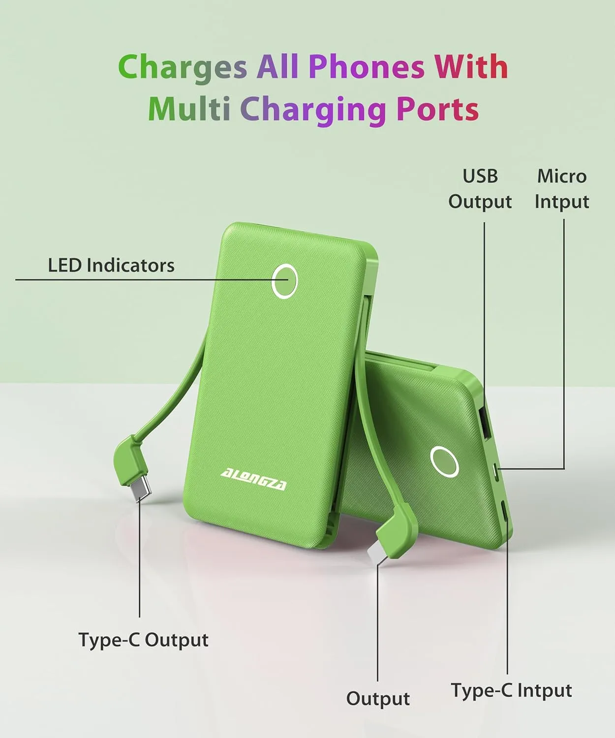 Alongza 6000mAh Small Portable Phone Charger with Built in Cable Lightweight Power Bank USB C Fast Charging External Battery Pack Slim Backup Charger Compatible with Phones, Android