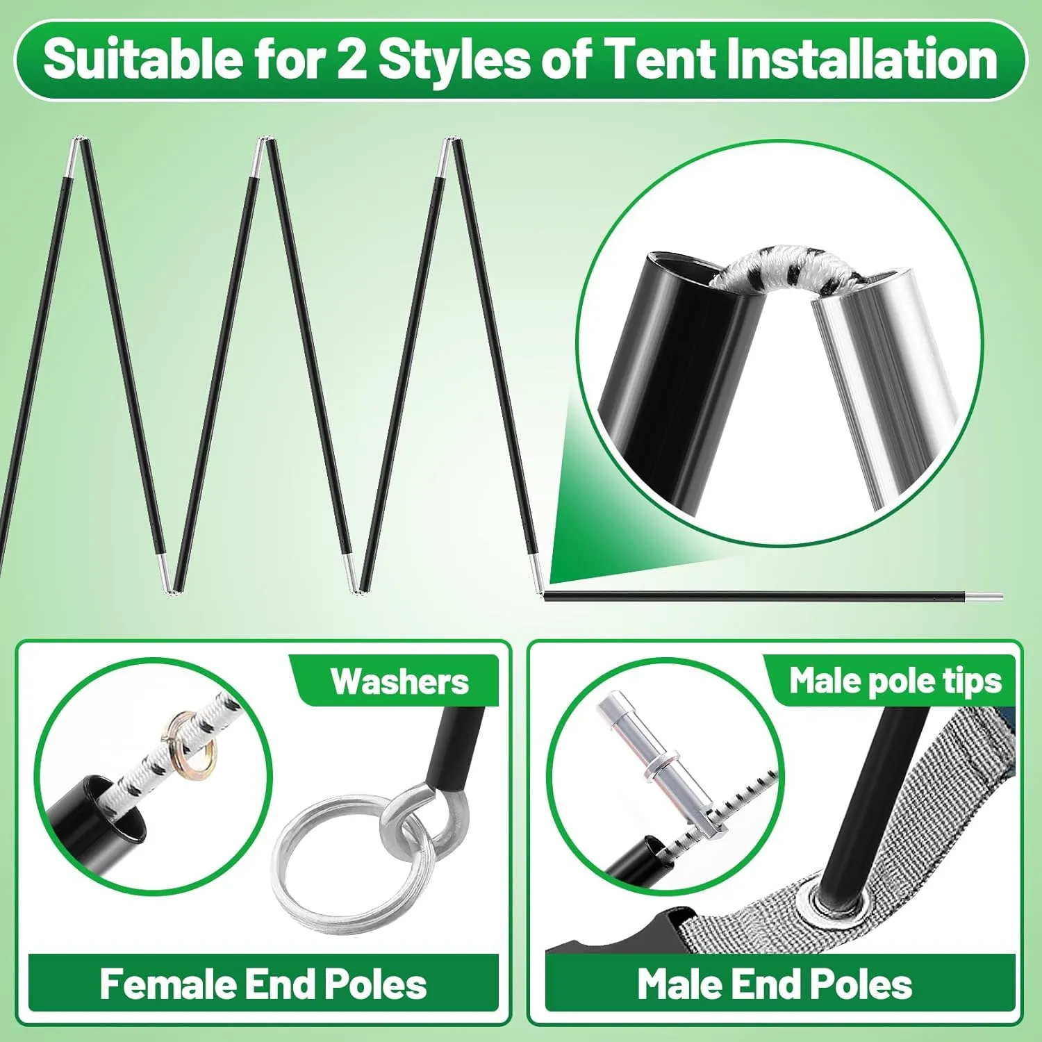 Aluminum Tent Poles Replacement - Pre-Assembled Tent Poles, Fits Both Female and Male Ends - Lightweight Tent Pole Repair Kit for Hiking Camping Backpacking Tent, 20FT