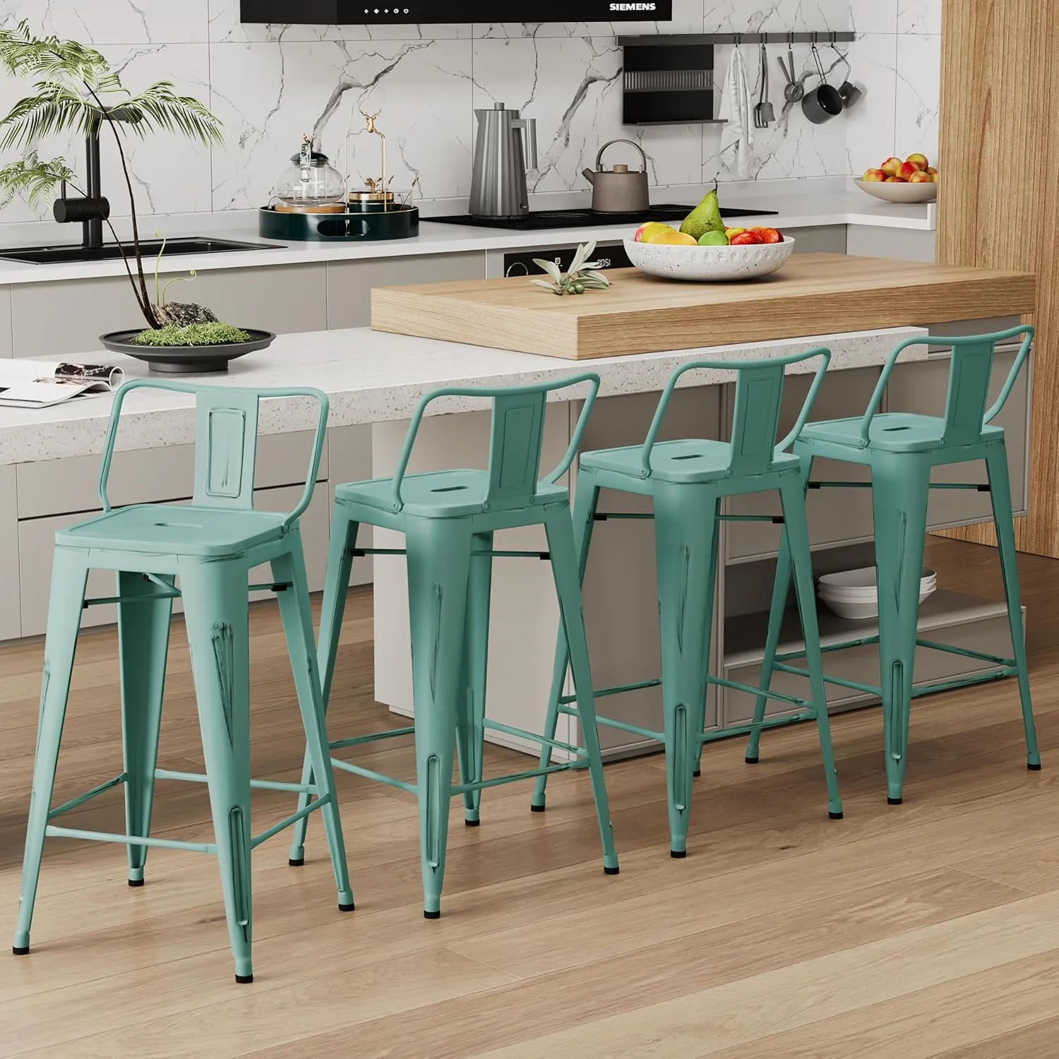 Alunaune 24" Metal Bar Stools Set of 4 Industrial Counter Height Stools Kitchen Bar Chairs Indoor Outdoor Counter Stool-Low Back, Distressed Blue