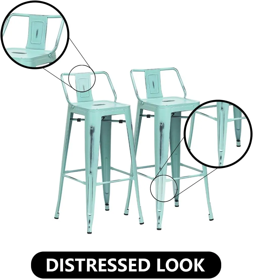 Alunaune 24" Metal Bar Stools Set of 4 Industrial Counter Height Stools Kitchen Bar Chairs Indoor Outdoor Counter Stool-Low Back, Distressed Blue