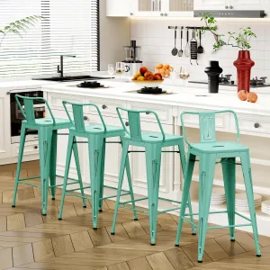 Alunaune 24" Metal Bar Stools Set of 4 Industrial Counter Height Stools Kitchen Bar Chairs Indoor Outdoor Counter Stool-Low Back, Distressed Blue