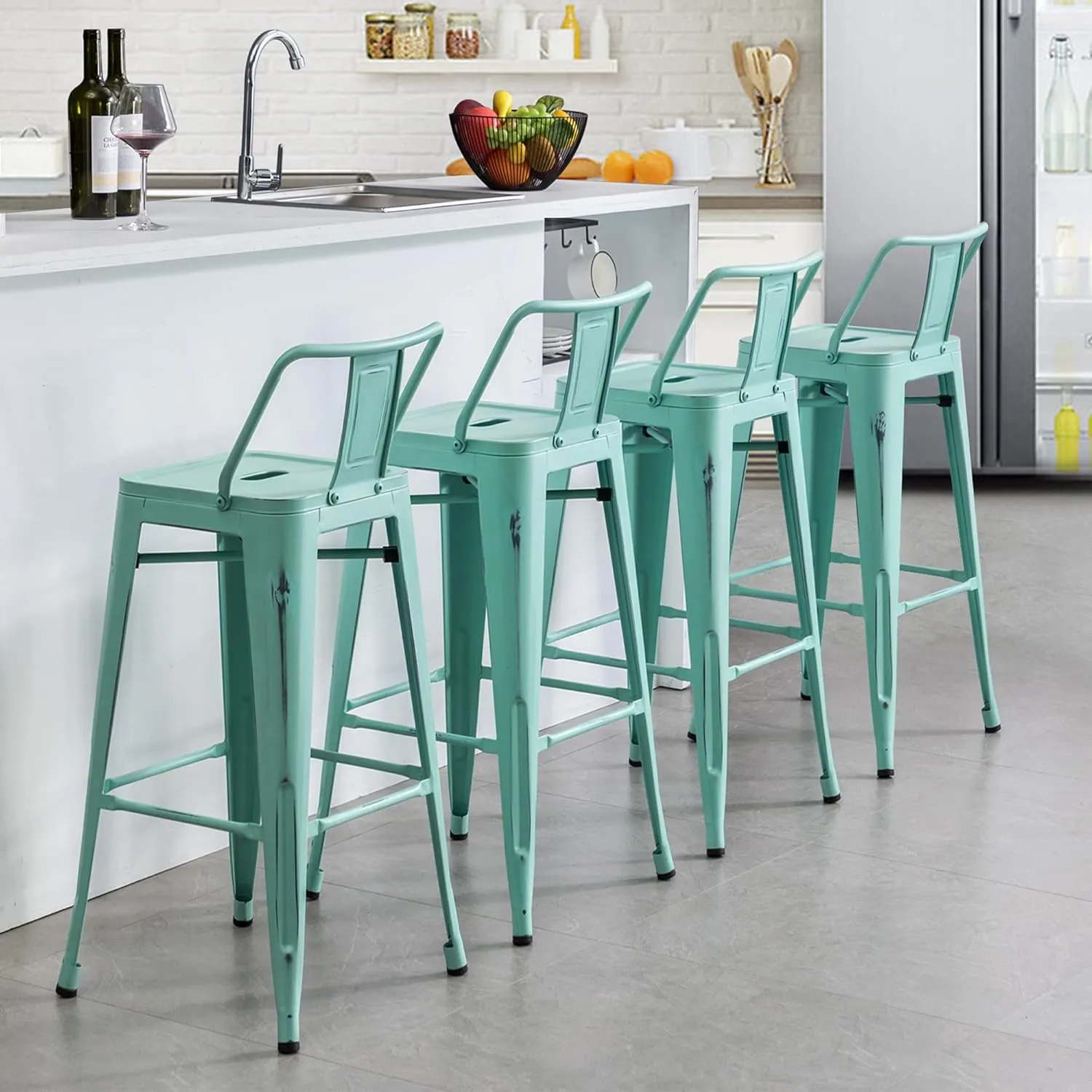 Alunaune 24" Metal Bar Stools Set of 4 Industrial Counter Height Stools Kitchen Bar Chairs Indoor Outdoor Counter Stool-Low Back, Distressed Blue