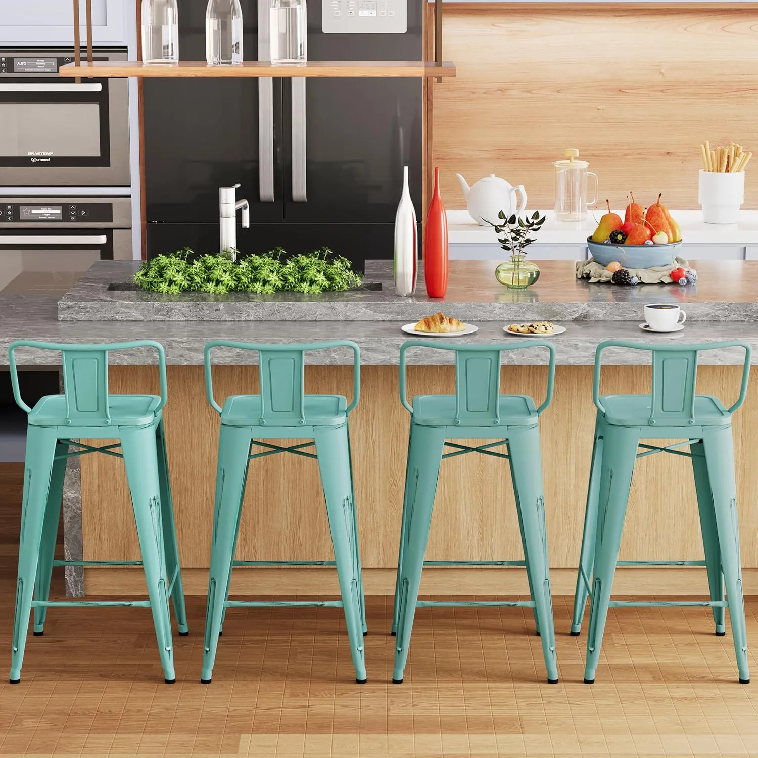 Alunaune 24" Metal Bar Stools Set of 4 Industrial Counter Height Stools Kitchen Bar Chairs Indoor Outdoor Counter Stool-Low Back, Distressed Blue