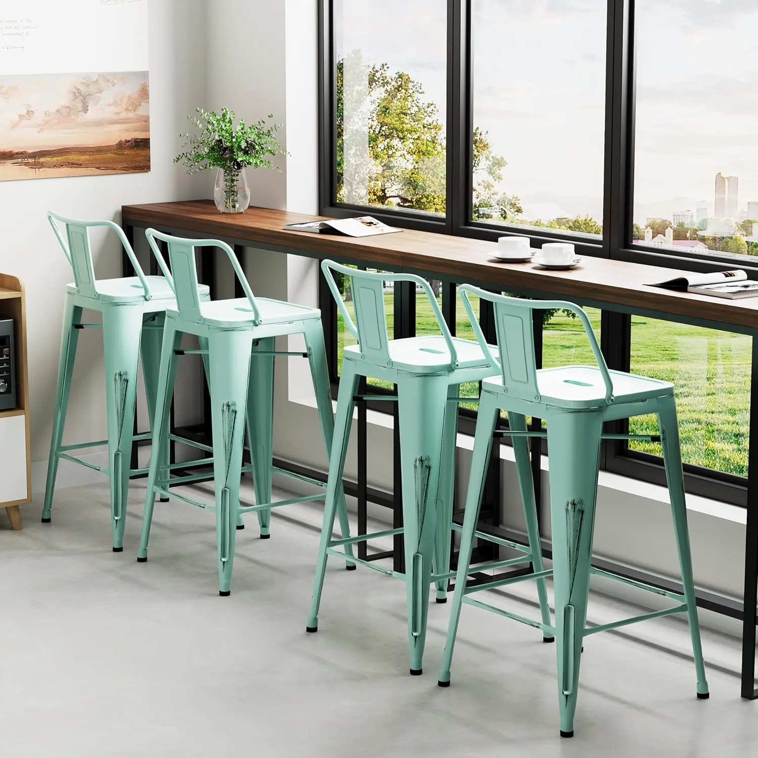 Alunaune 24" Metal Bar Stools Set of 4 Industrial Counter Height Stools Kitchen Bar Chairs Indoor Outdoor Counter Stool-Low Back, Distressed Blue