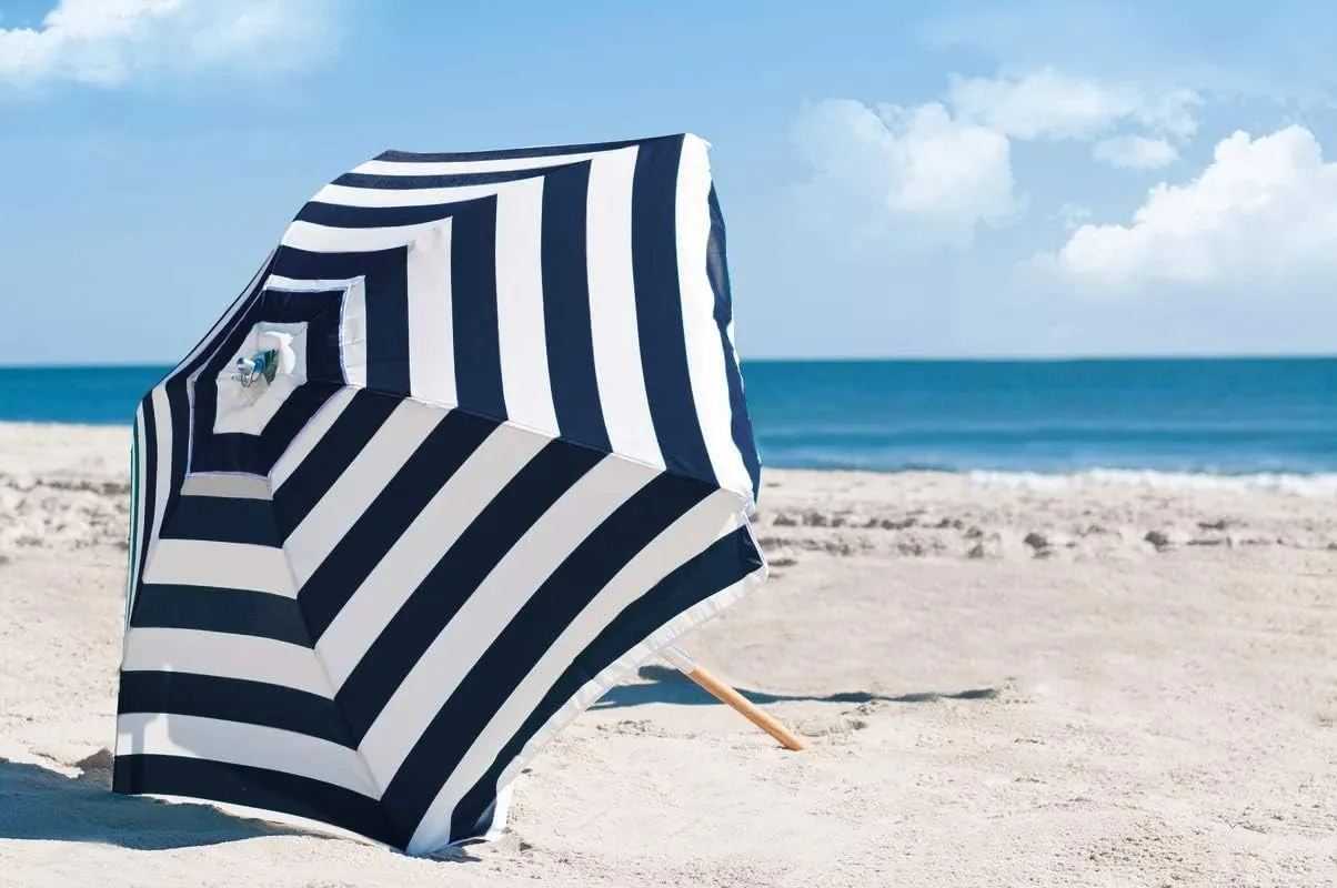 AMMSUN 7.5ft Heavy Duty HIGH Wind Beach Umbrella Commercial Grade Patio Beach Umbrella with Air Vent Ash Wood Pole & Carry Bag UPF50  Protection Navy