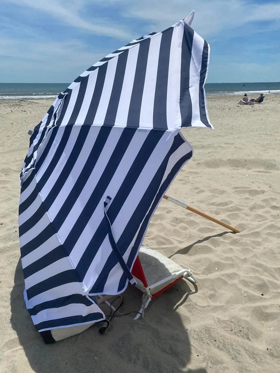 AMMSUN 7.5ft Heavy Duty HIGH Wind Beach Umbrella Commercial Grade Patio Beach Umbrella with Air Vent Ash Wood Pole & Carry Bag UPF50  Protection Navy