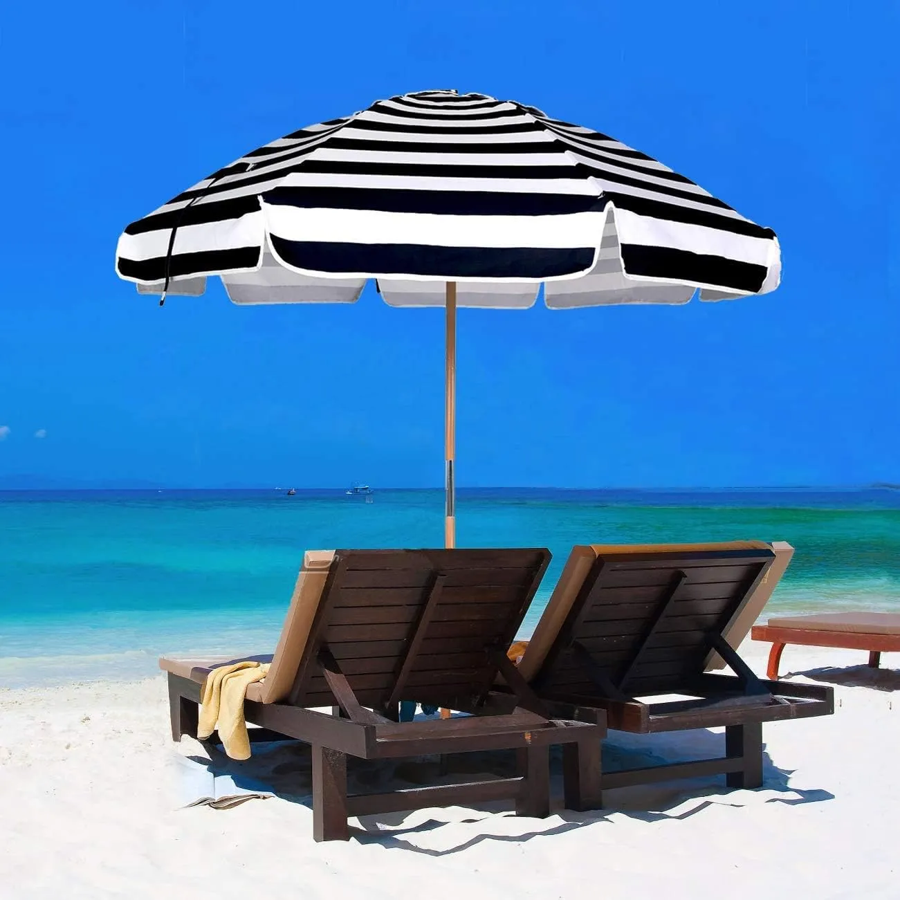 AMMSUN 7.5ft Heavy Duty HIGH Wind Beach Umbrella Commercial Grade Patio Beach Umbrella with Air Vent Ash Wood Pole & Carry Bag UPF50  Protection Navy