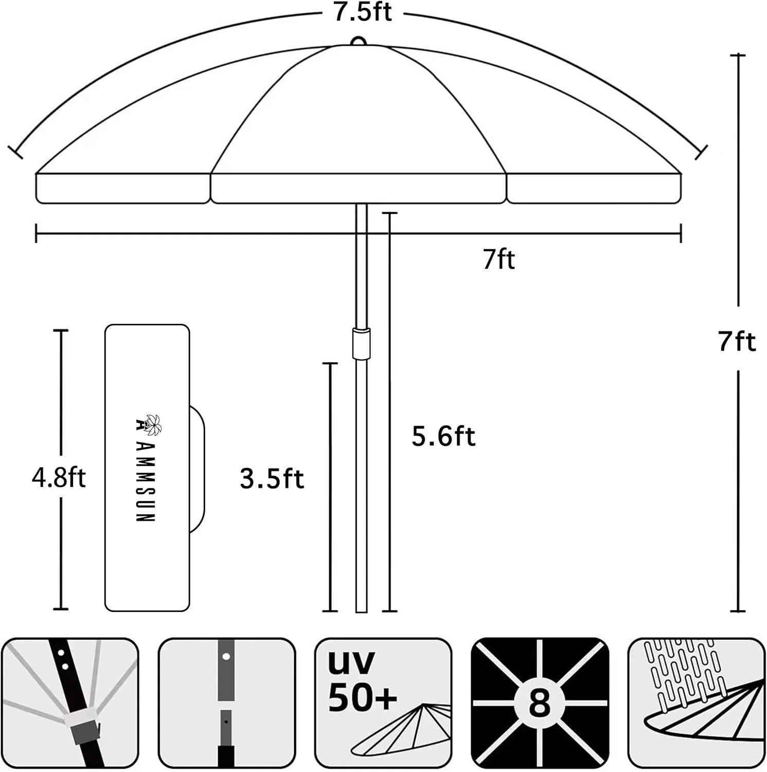 AMMSUN 7.5ft Heavy Duty HIGH Wind Beach Umbrella Commercial Grade Patio Beach Umbrella with Air Vent Ash Wood Pole & Carry Bag UPF50  Protection Red White
