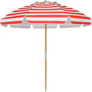 AMMSUN 7.5ft Heavy Duty HIGH Wind Beach Umbrella Commercial Grade Patio Beach Umbrella with Air Vent Ash Wood Pole & Carry Bag UPF50  Protection Red White