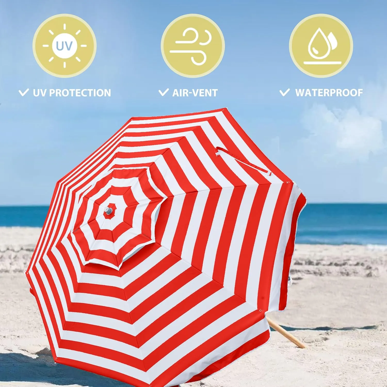 AMMSUN 7.5ft Heavy Duty HIGH Wind Beach Umbrella Commercial Grade Patio Beach Umbrella with Air Vent Ash Wood Pole & Carry Bag UPF50  Protection Red White