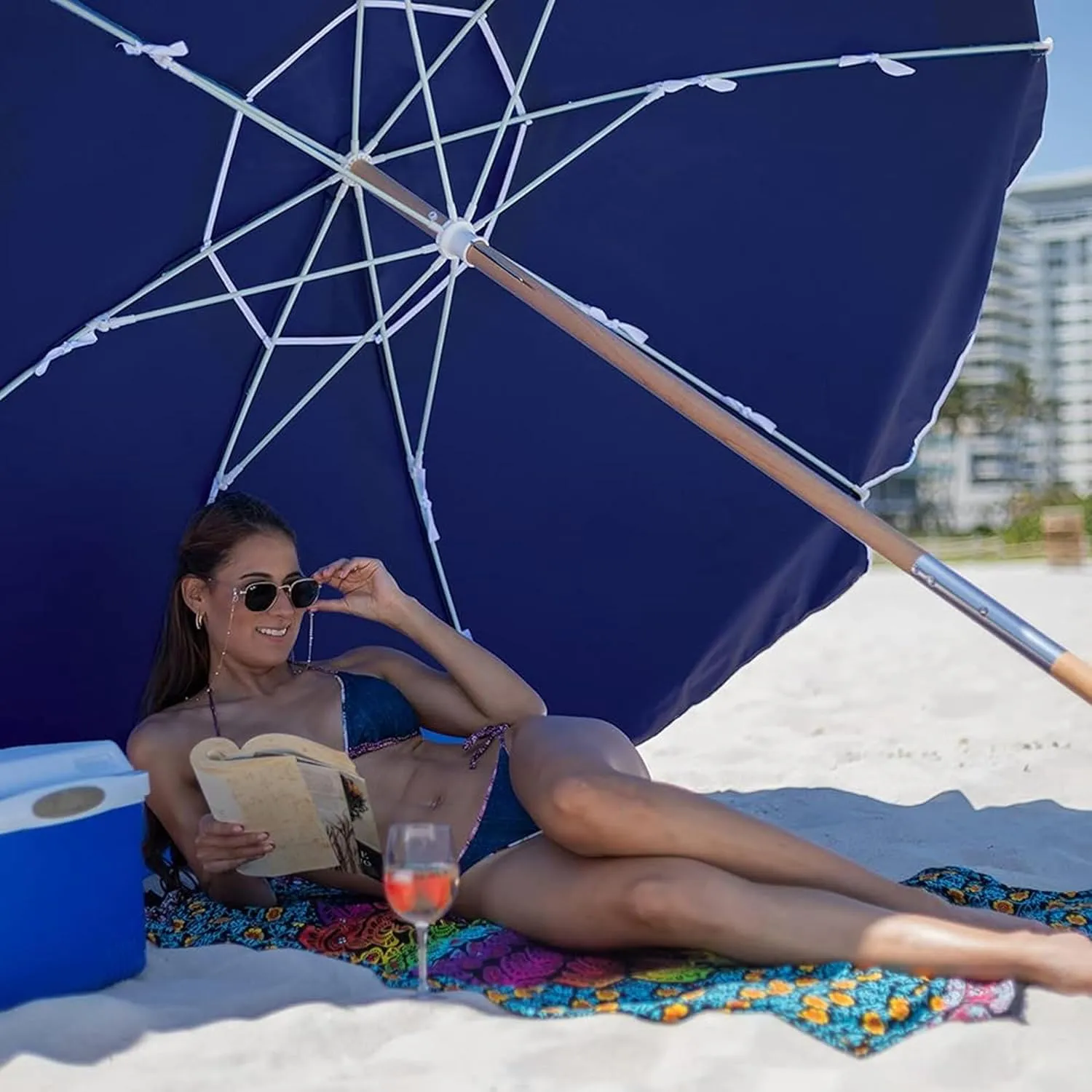 AMMSUN 7.5ft Heavy Duty HIGH Wind Beach Umbrella Commercial Grade Patio Beach Umbrella with Air Vent Ash Wood Pole & Carry Bag UV 50  Protection Navy Blue