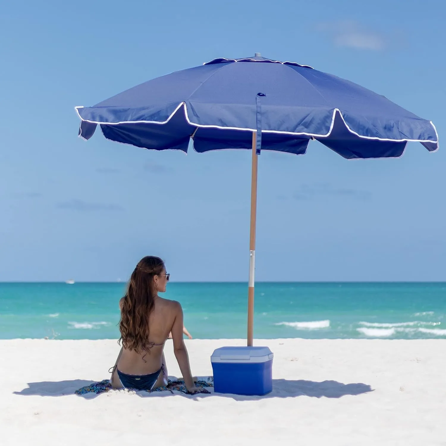 AMMSUN 7.5ft Heavy Duty HIGH Wind Beach Umbrella Commercial Grade Patio Beach Umbrella with Air Vent Ash Wood Pole & Carry Bag UV 50  Protection Navy Blue