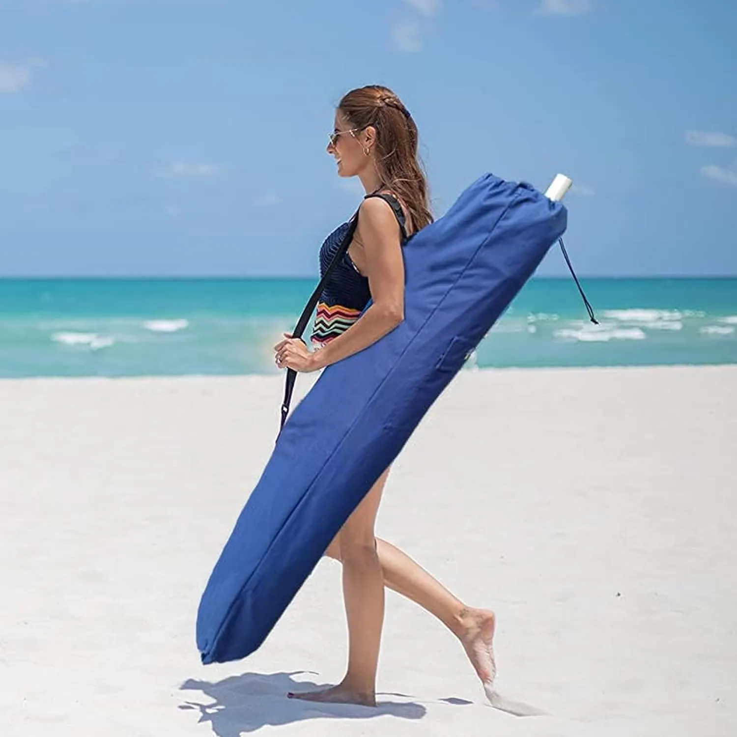 AMMSUN 7.5ft Heavy Duty HIGH Wind Beach Umbrella Commercial Grade Patio Beach Umbrella with Air Vent Ash Wood Pole & Carry Bag UV 50  Protection Navy Blue