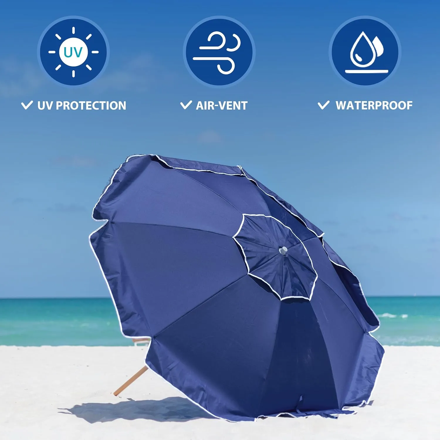 AMMSUN 7.5ft Heavy Duty HIGH Wind Beach Umbrella Commercial Grade Patio Beach Umbrella with Air Vent Ash Wood Pole & Carry Bag UV 50  Protection Navy Blue