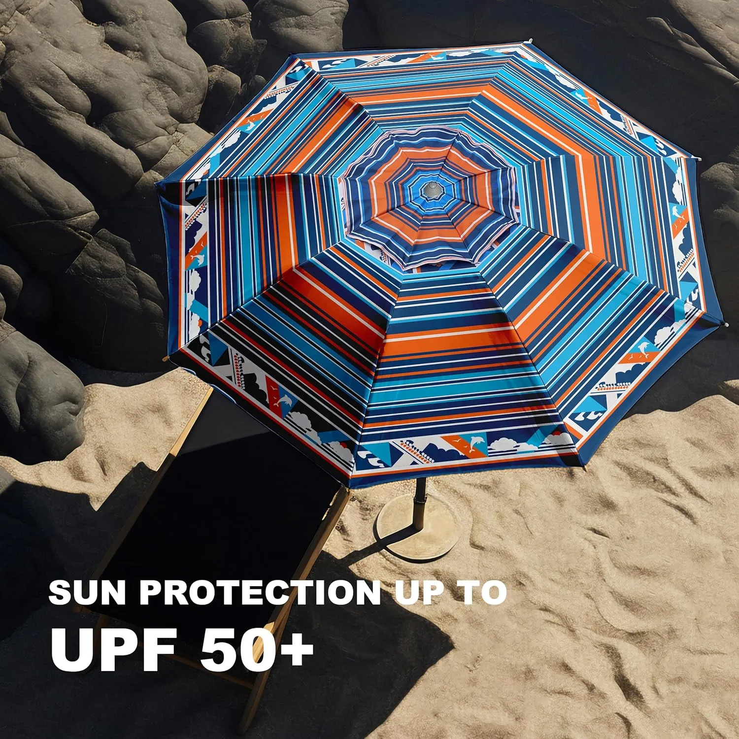 AMMSUN 7ft Heavy Duty High Wind Beach Umbrella Parasols with sand anchor & Tilt Sun Shelter, UV 50  Protection Outdoor Sunshade Umbrellas Carry Bag for Patio Garden Pool Backyard Multicolor