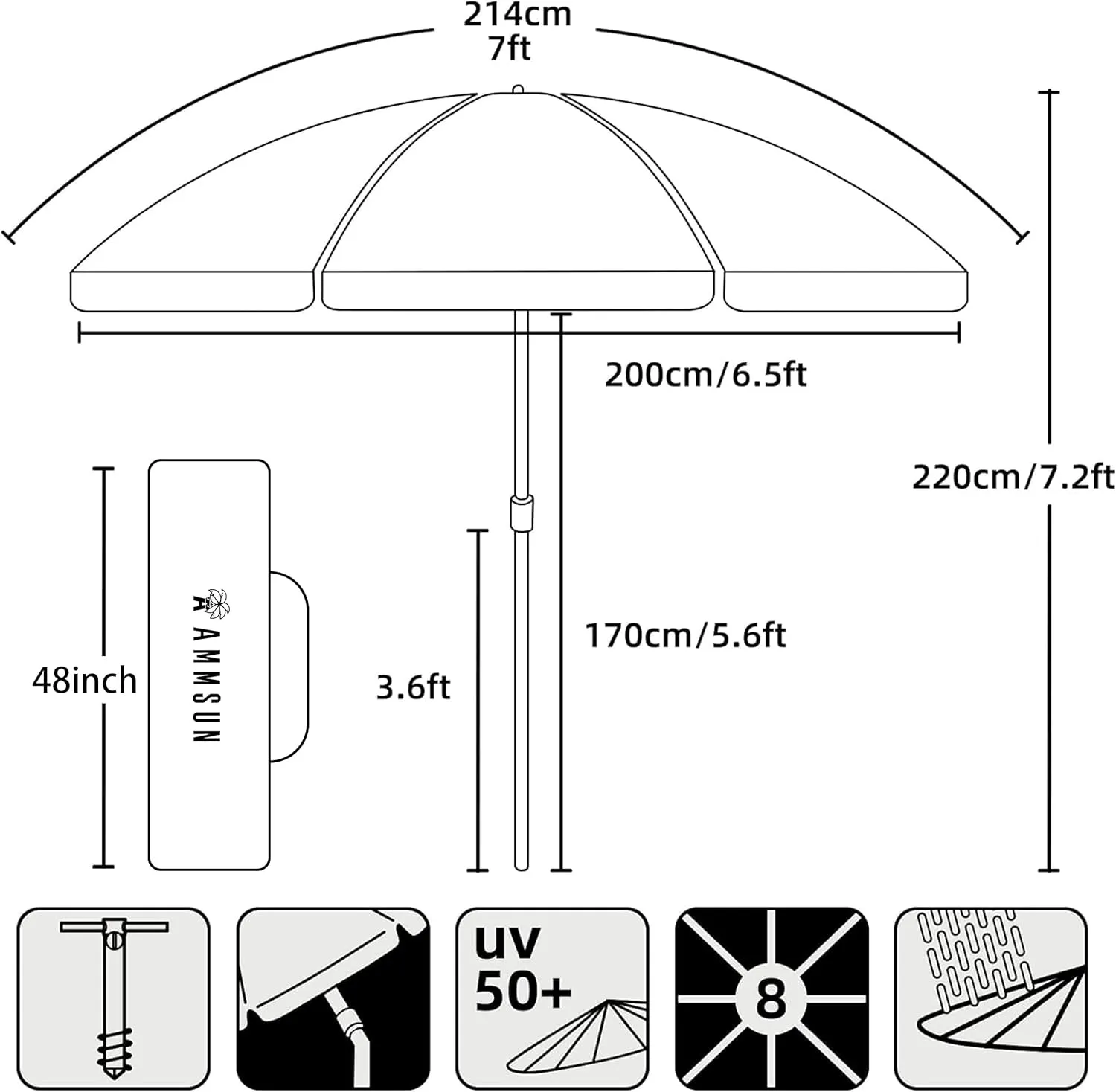 AMMSUN 7ft Heavy Duty High Wind Beach Umbrella Parasols with sand anchor & Tilt Sun Shelter, UV 50  Protection Outdoor Sunshade Umbrellas Carry Bag for Patio Garden Pool Backyard Multicolor