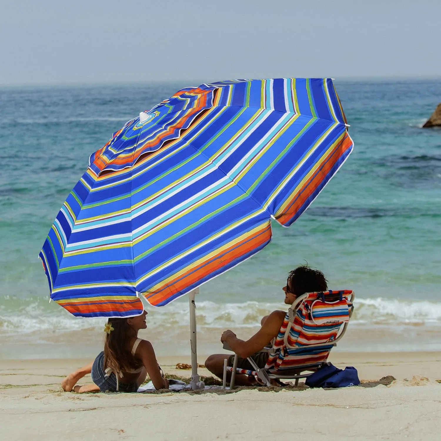 AMMSUN 8 Feet Large Beach Umbrella with Sand Anchor Heavy Duty High Wind Portable Outdoor Umbrellas UV 50  Protection Air Vent Tilt Patio Garden Pool