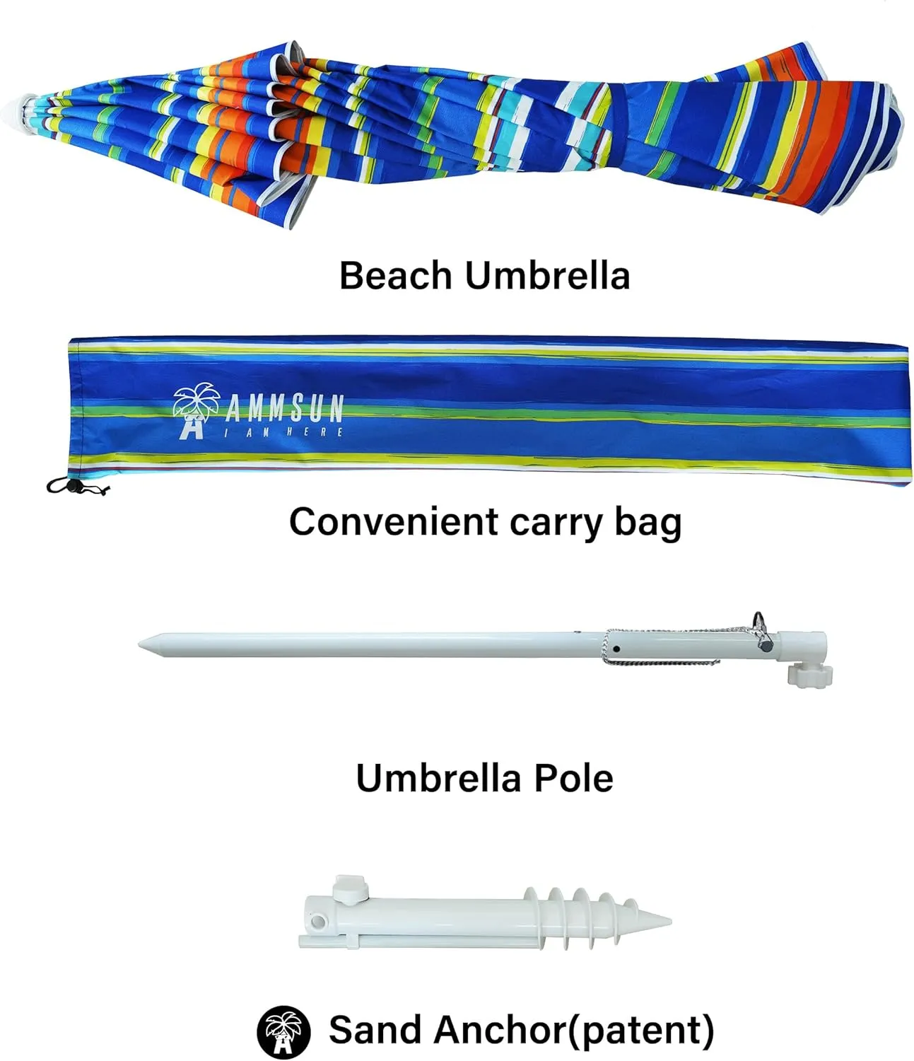 AMMSUN 8 Feet Large Beach Umbrella with Sand Anchor Heavy Duty High Wind Portable Outdoor Umbrellas UV 50  Protection Air Vent Tilt Patio Garden Pool