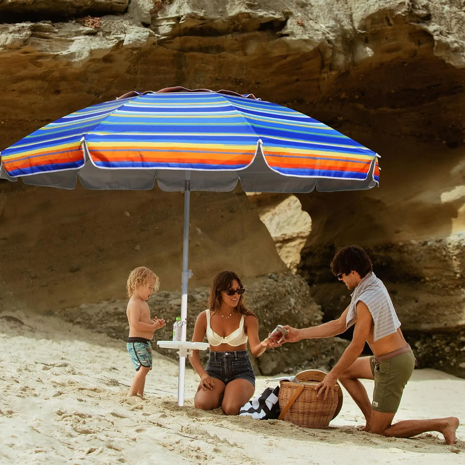 AMMSUN 8 Feet Large Beach Umbrella with Sand Anchor Heavy Duty High Wind Portable Outdoor Umbrellas UV 50  Protection Air Vent Tilt Patio Garden Pool