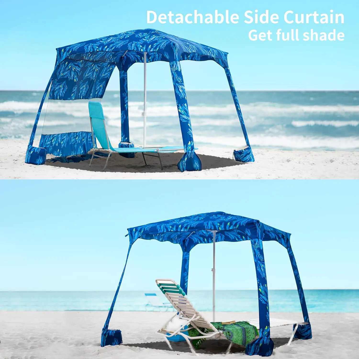 AMMSUN Beach Cabana, 6.2'×6.2' Beach Canopy, Easy Set up and Take Down, Cabana Tent with Sand Pockets, Instant Sun Shade with Side Wall, Blue Paint