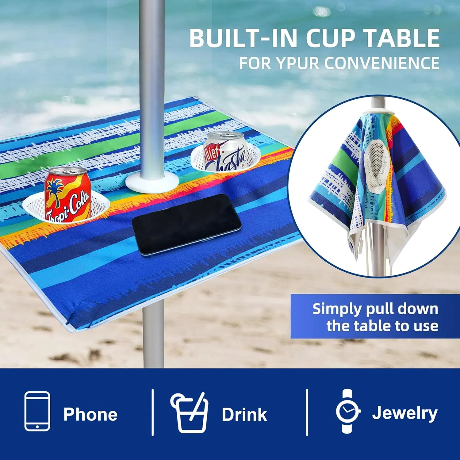 AMMSUN Beach Umbrella with Sand Anchor & Table Tray, Portable Heavy Duty Beach Umbrellas, 6.5ft Sun Outdoor Umbrella, UV 50  Protection, Carry Bag for Beach, Patio, Pool and Garden, Stripes