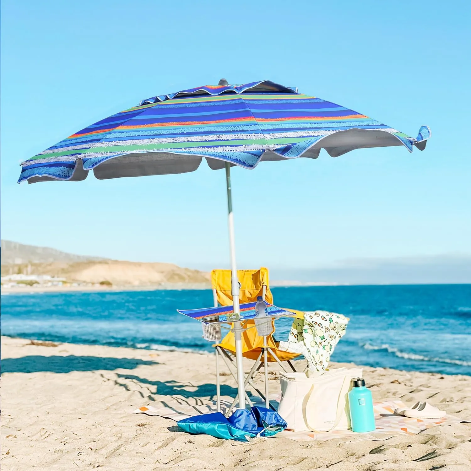 AMMSUN Beach Umbrella with Sand Anchor & Table Tray, Portable Heavy Duty Beach Umbrellas, 6.5ft Sun Outdoor Umbrella, UV 50  Protection, Carry Bag for Beach, Patio, Pool and Garden, Stripes